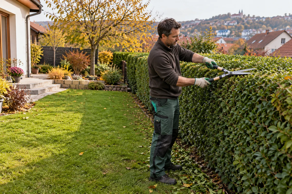 Un jardinier taille une haie devant une maison individuelle dans un jardin d'automne