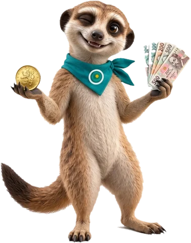 Ozee, la mascotte OAZEE, avec des pièces dans les mains